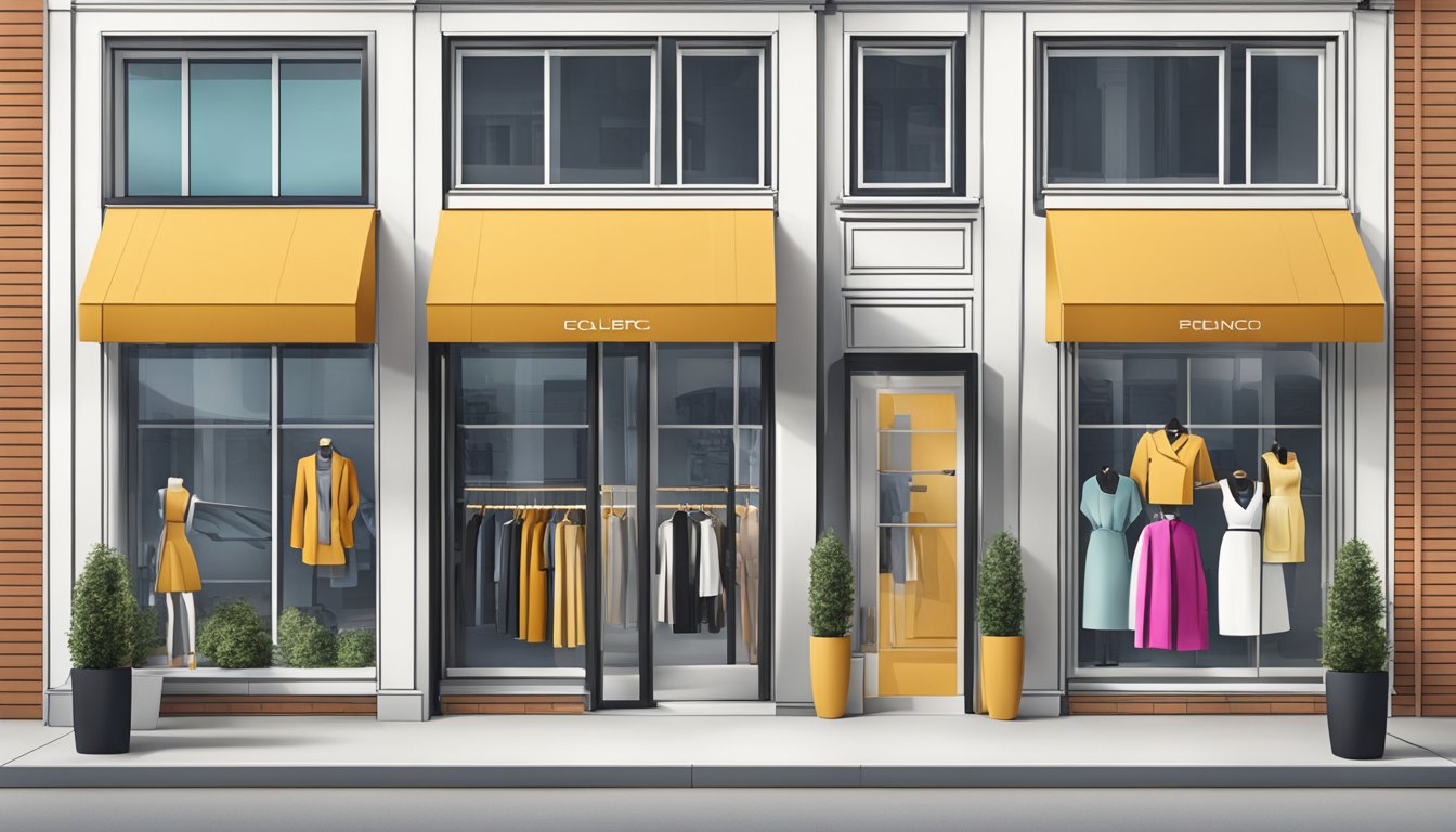 A sleek, modern storefront with bold signage and chic window displays showcasing the latest trendy clothing line