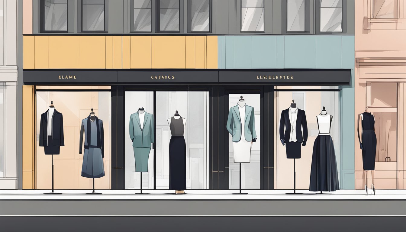 A sleek, minimalist storefront with bold, modern signage and chic mannequins showcasing the latest trendy attire