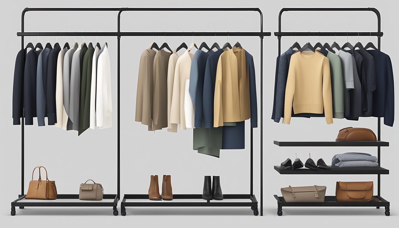 A sleek, minimalist clothing rack displays curated pieces from Modish Wardrobe brand, featuring modern silhouettes and high-quality fabrics