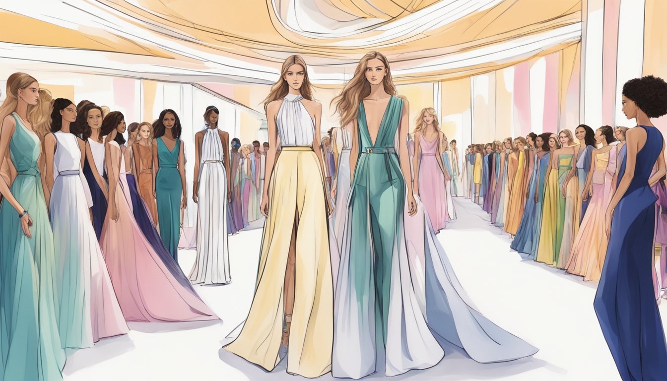 The runway is set with bright lights, a sleek backdrop, and a crowd of eager onlookers. The new collection is displayed on mannequins, showcasing the latest in modish fashion
