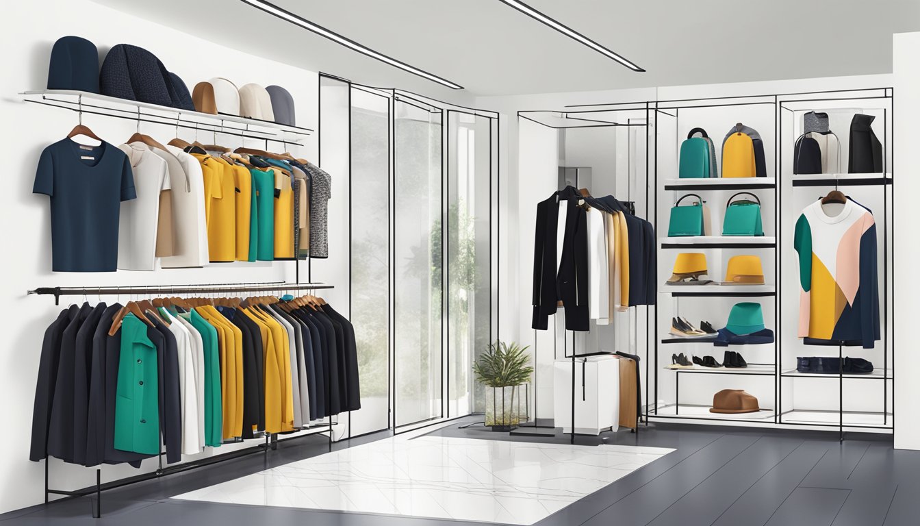Vibrant display of Modish Brand's chic clothing line. Bold patterns and sleek designs showcased in a modern, minimalist setting