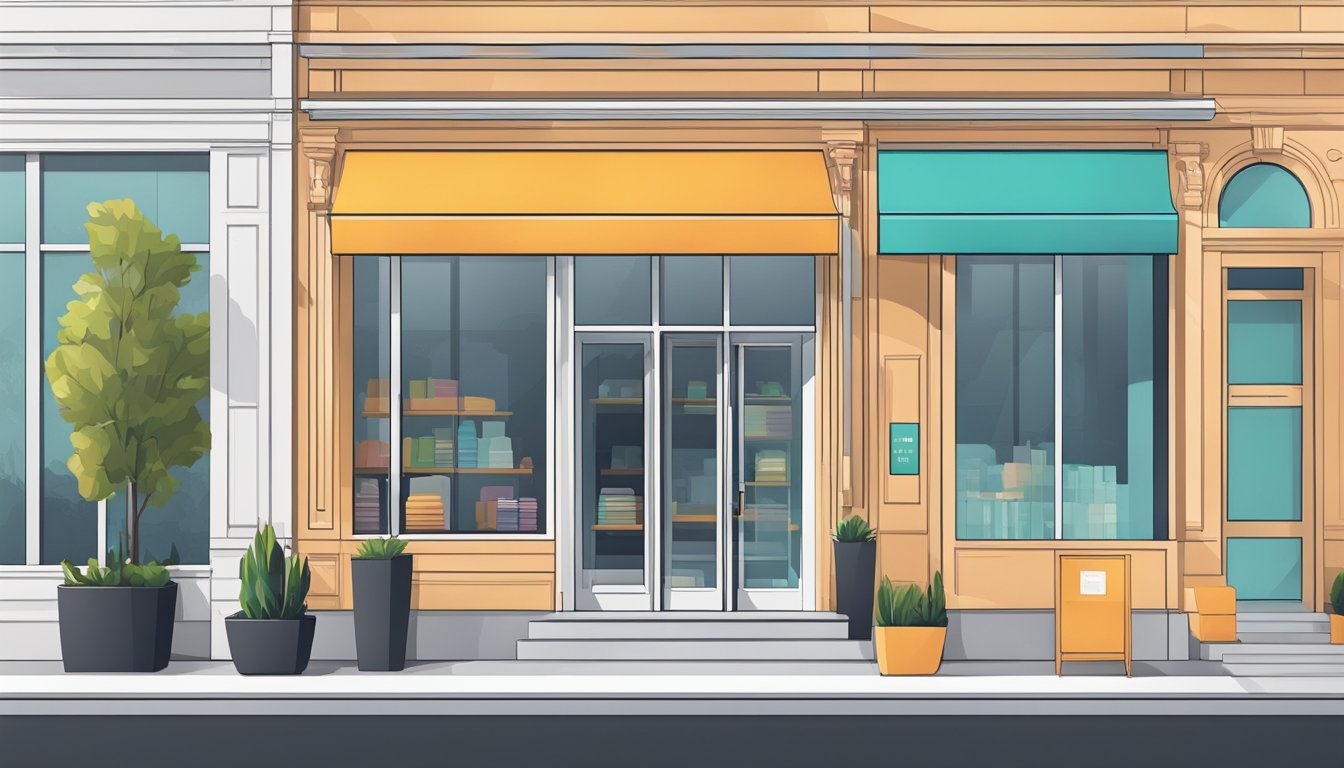 A sleek, modern storefront with bold signage and minimalist decor. Clean lines and contemporary colors draw in stylish shoppers