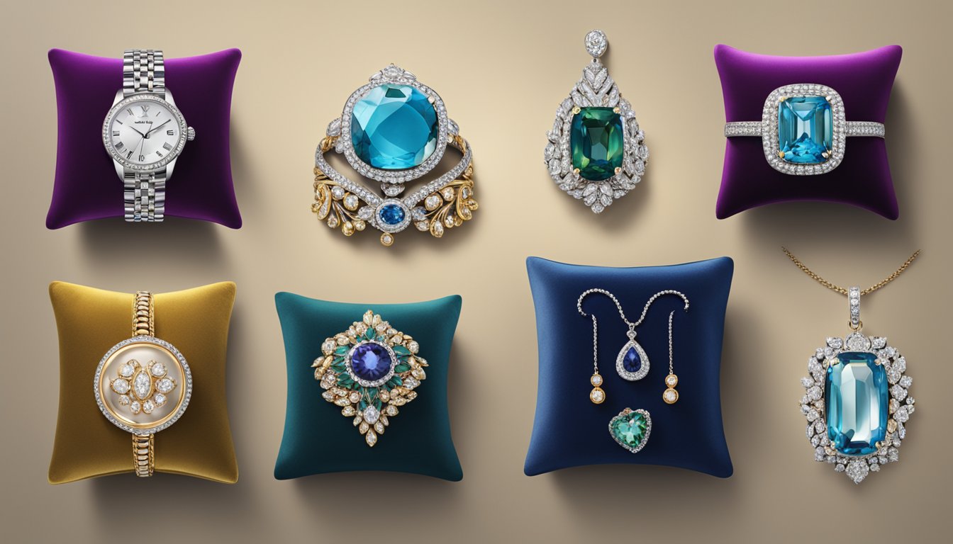 A display of iconic jewelry brands' signature pieces, arranged on velvet cushions under soft spotlights