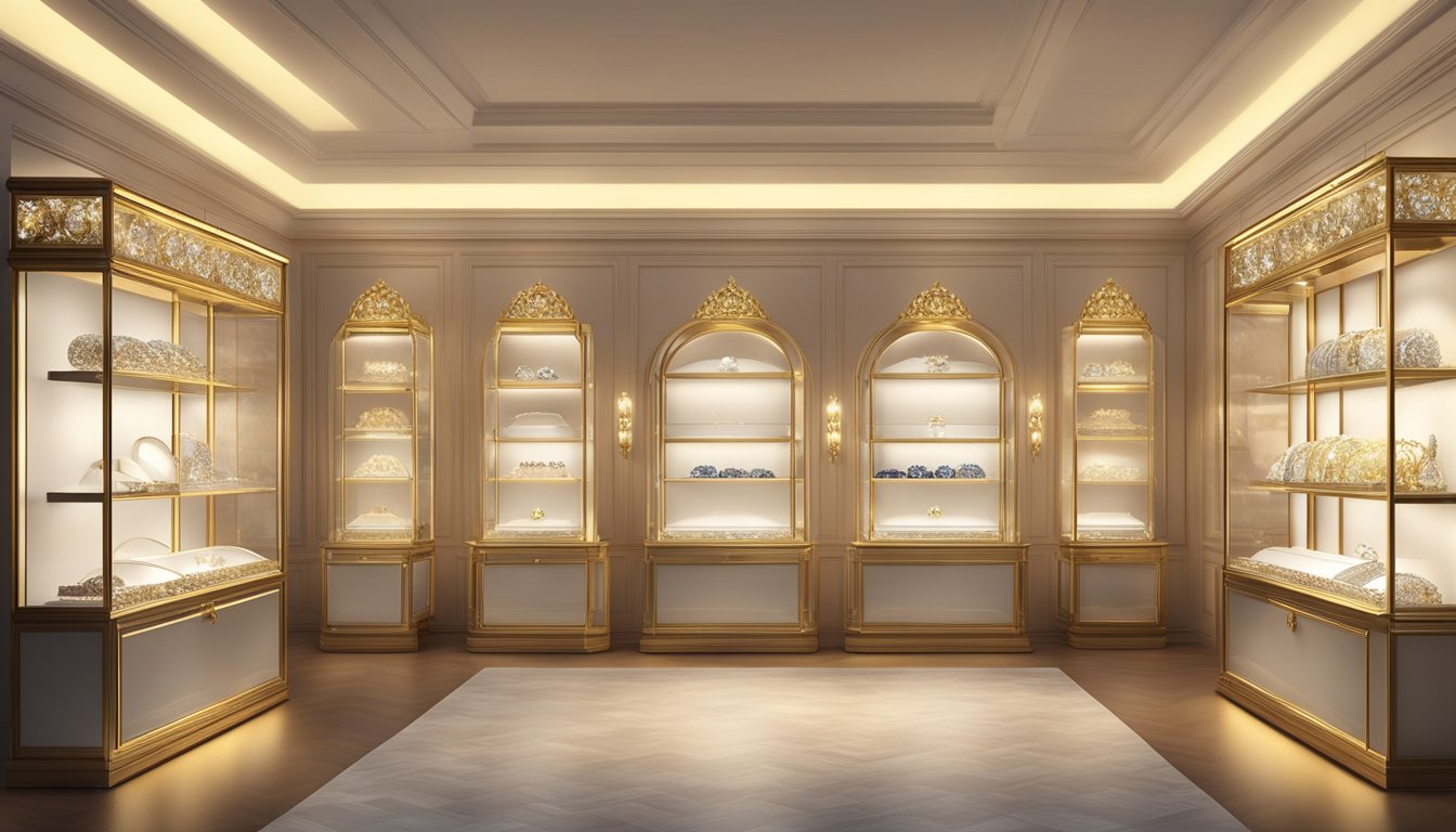 A display case showcases the legendary jewelry brands, sparkling with diamonds and precious gems, under soft, golden lighting