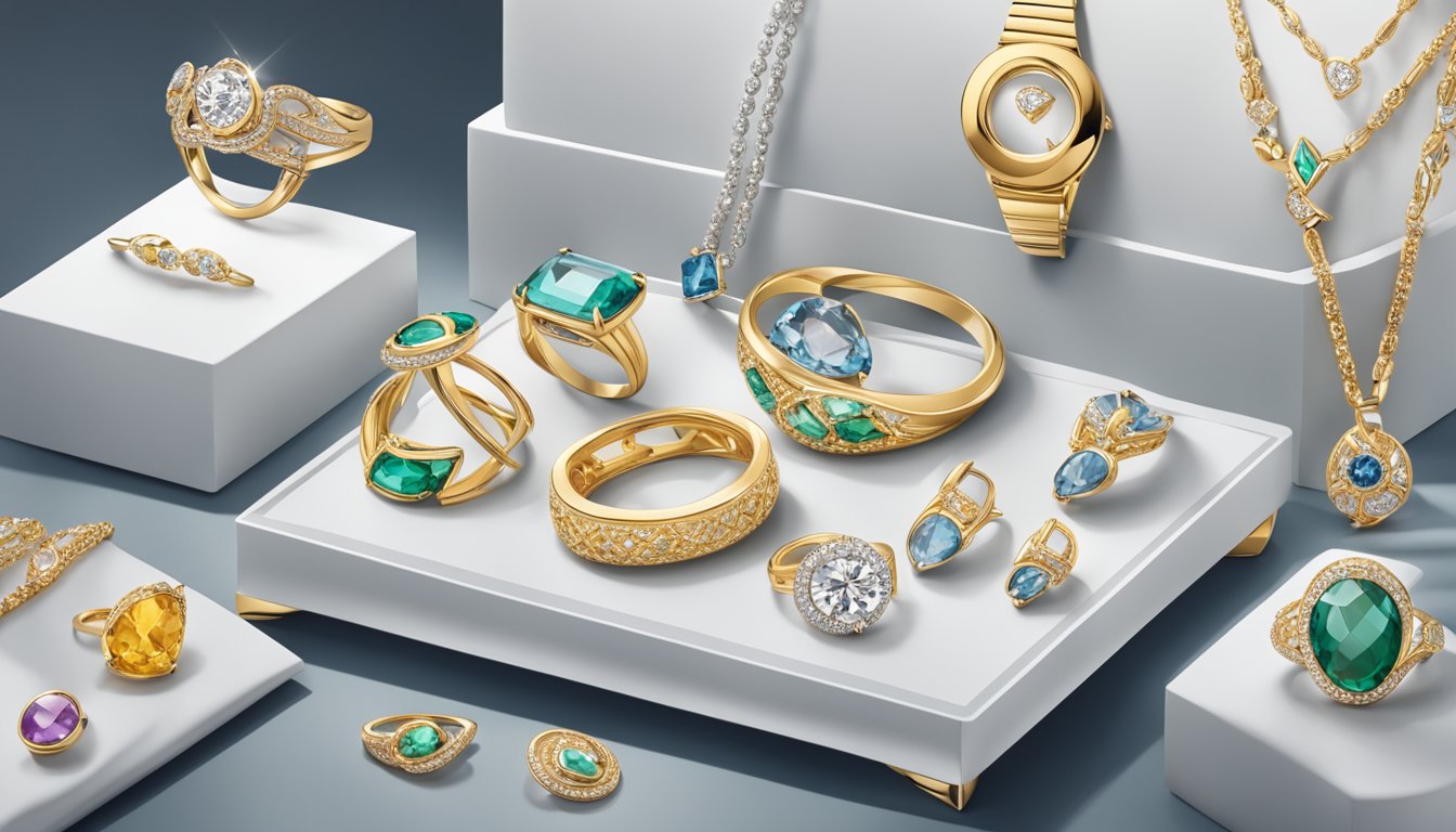 A display of iconic jewelry pieces from top global brands, showcasing modern designs and innovative trends