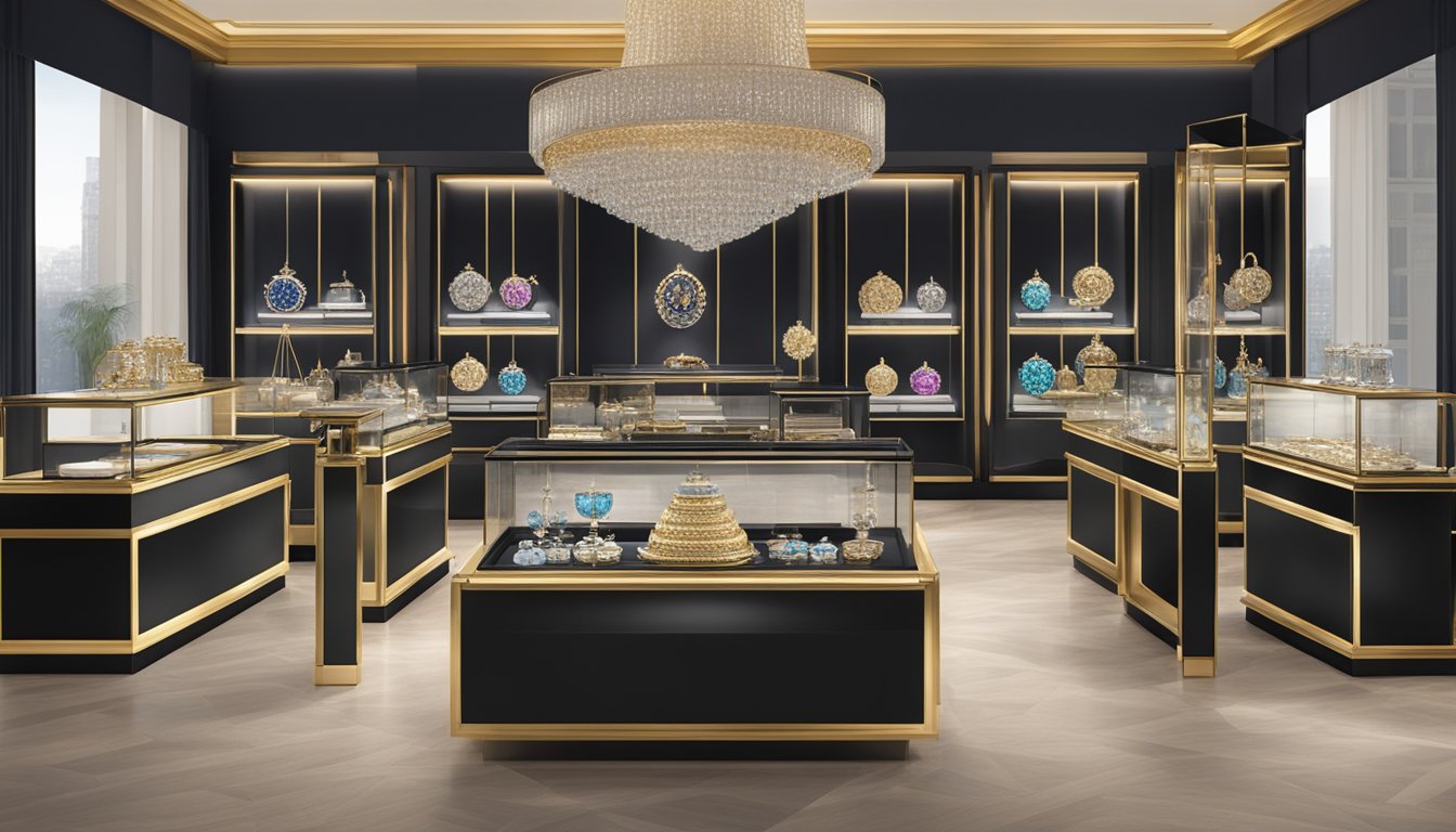 A luxurious display of fine jewelry from the world's most famous brands, arranged on velvet-lined trays and elegant display cases