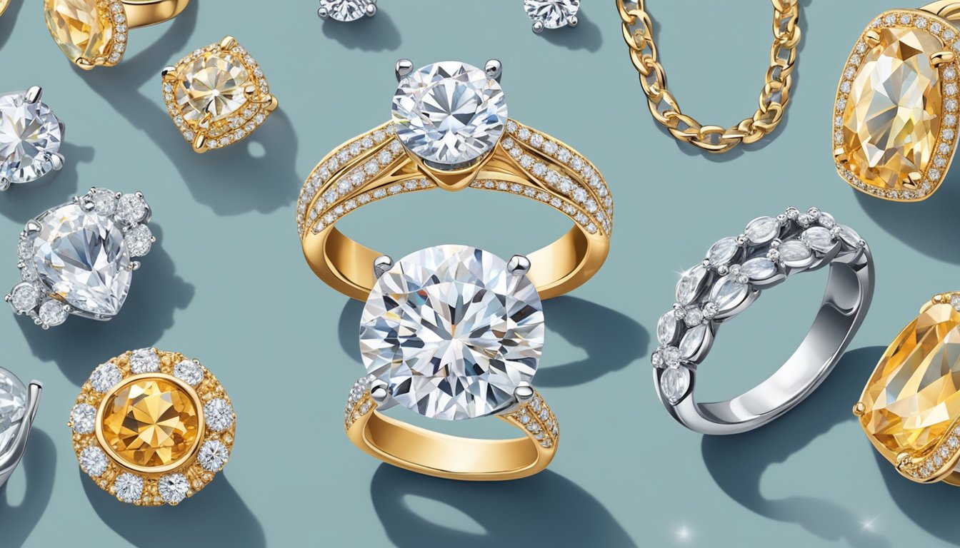 A sparkling diamond engagement ring is displayed alongside elegant necklaces, bracelets, and earrings from the world's most renowned jewelry brands
