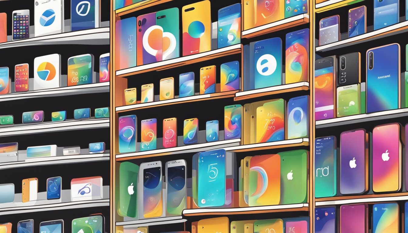 Various phone brands, including Apple, Samsung, and Google, are displayed on a store shelf. Bright logos and sleek designs catch the eye