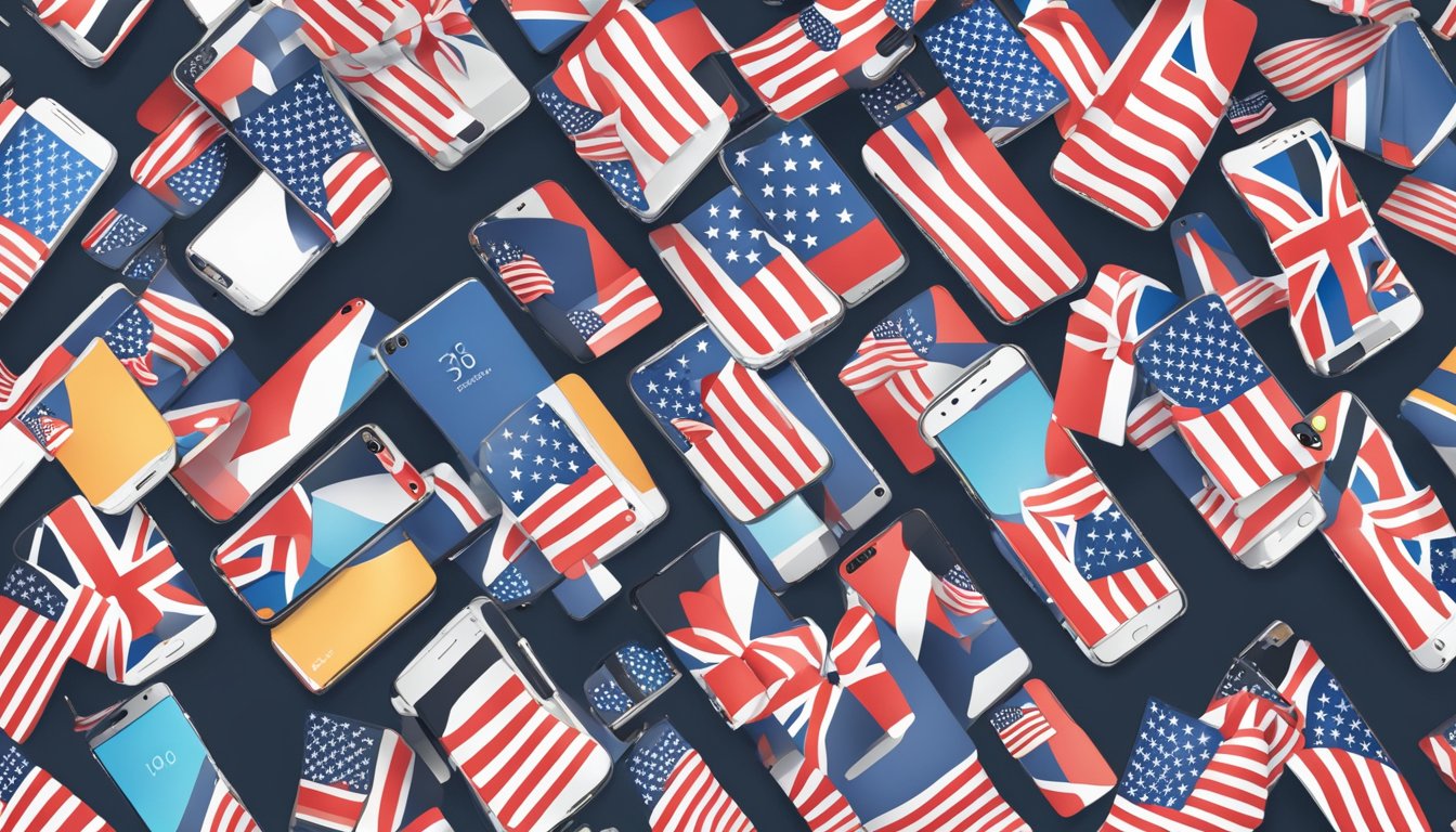 Flagship phone models displayed with US flag backdrop, attracting crowds