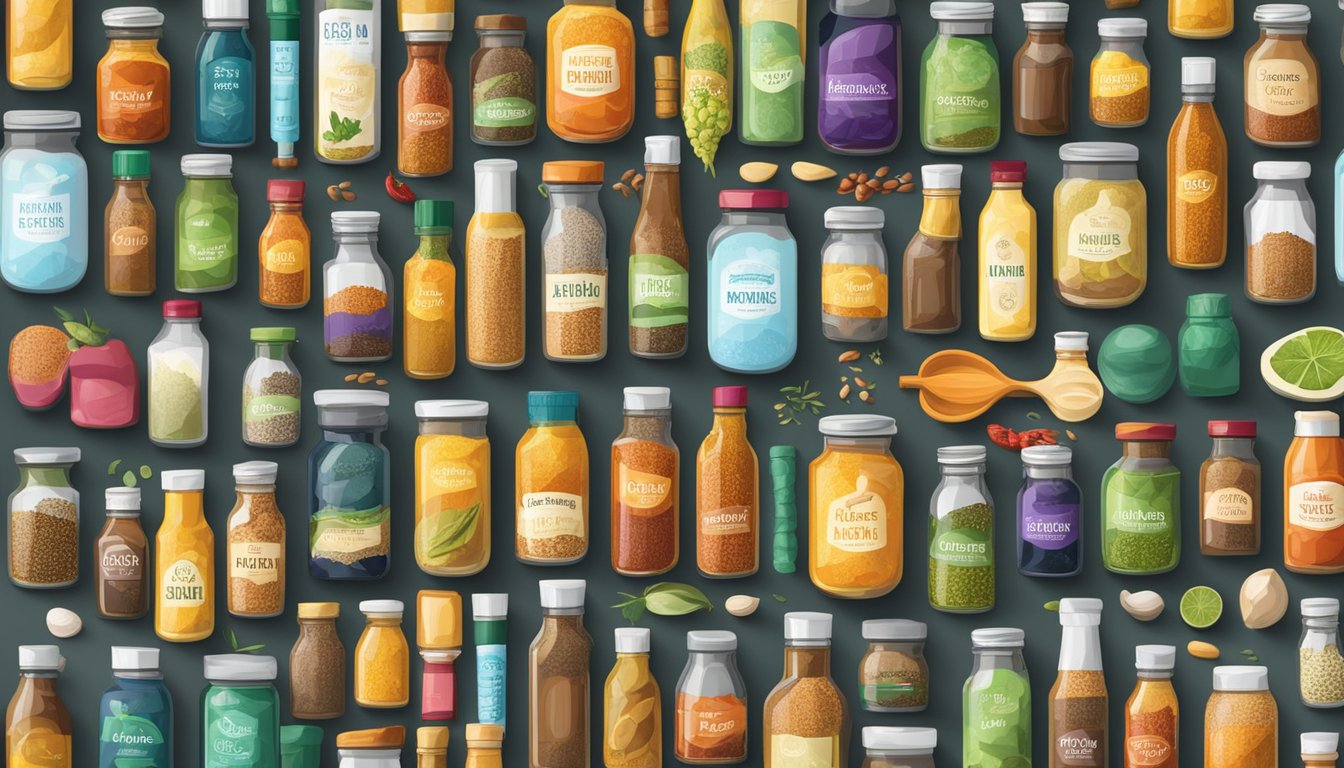 Various seasoning brands arranged on a kitchen countertop. Bottles and jars of different shapes and sizes, with vibrant labels and various colored contents