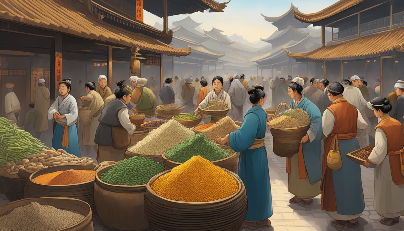 A bustling marketplace in ancient China, with merchants selling various spices and herbs, including the precursor to MSG seasoning. The air is filled with the aroma of exotic flavors as customers haggle over the prices