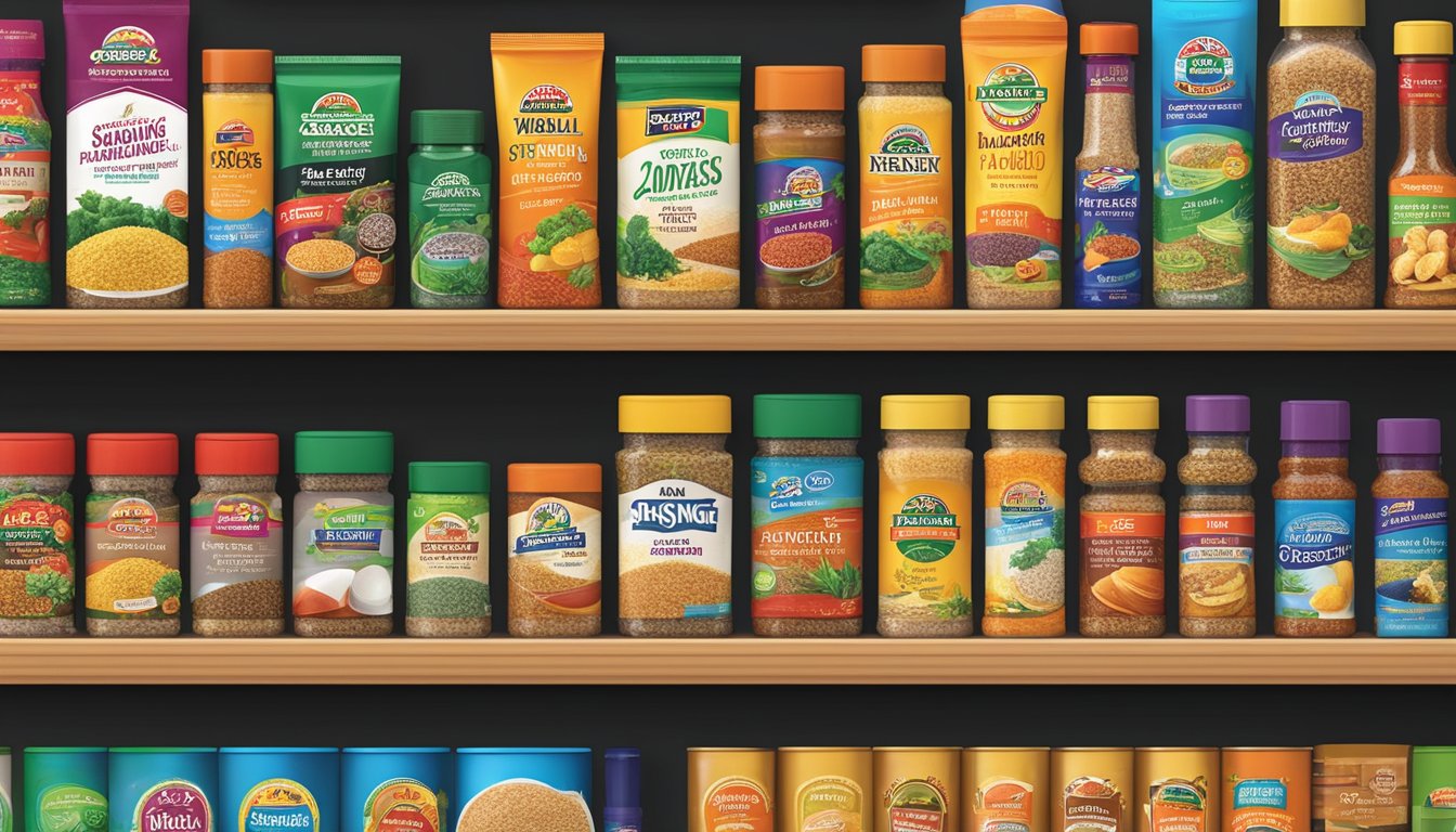 A variety of MSG seasoning brands displayed on a shelf, with colorful packaging and prominent logos