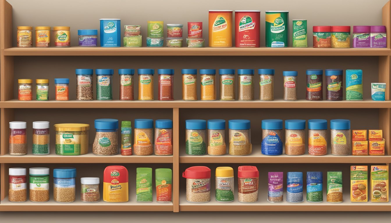 A variety of MSG seasoning brands displayed on a shelf, with colorful packaging and prominent labels