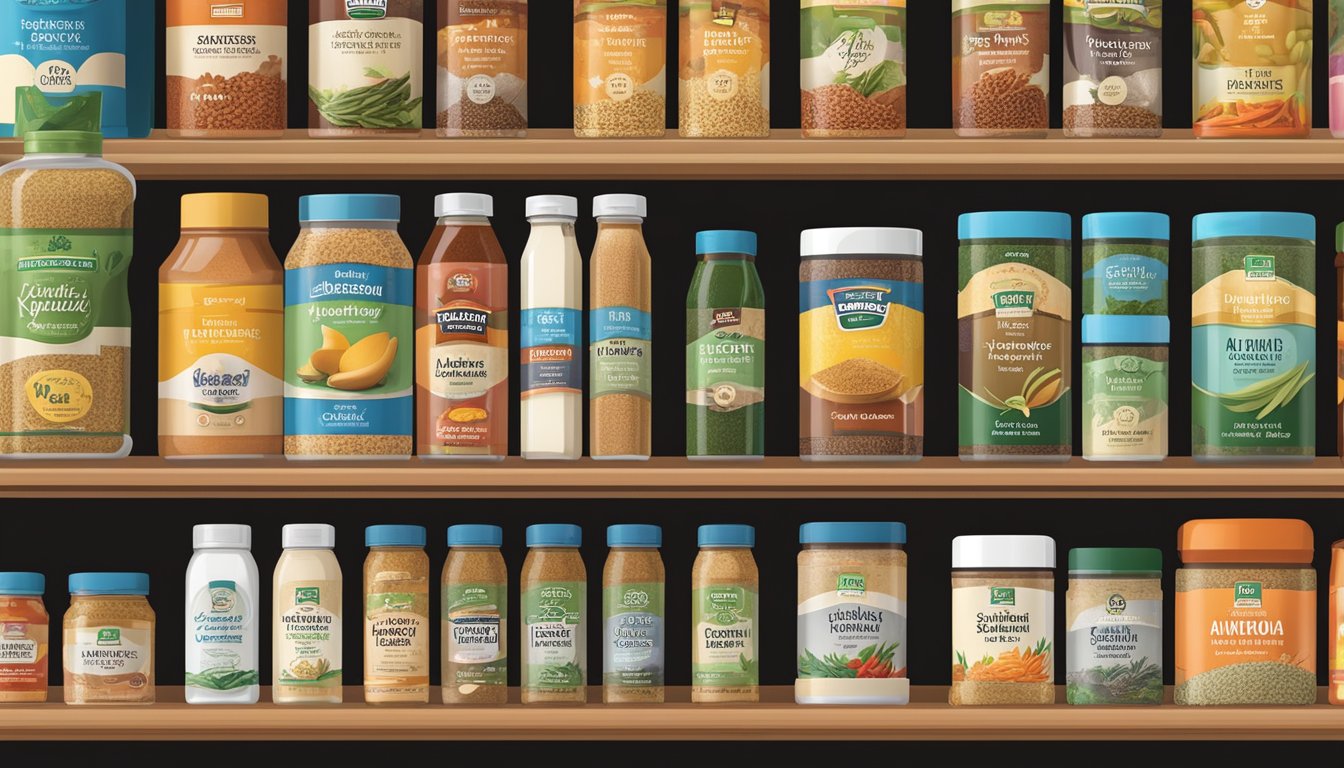A variety of seasoning brands are displayed on shelves, with labels indicating health and dietary considerations