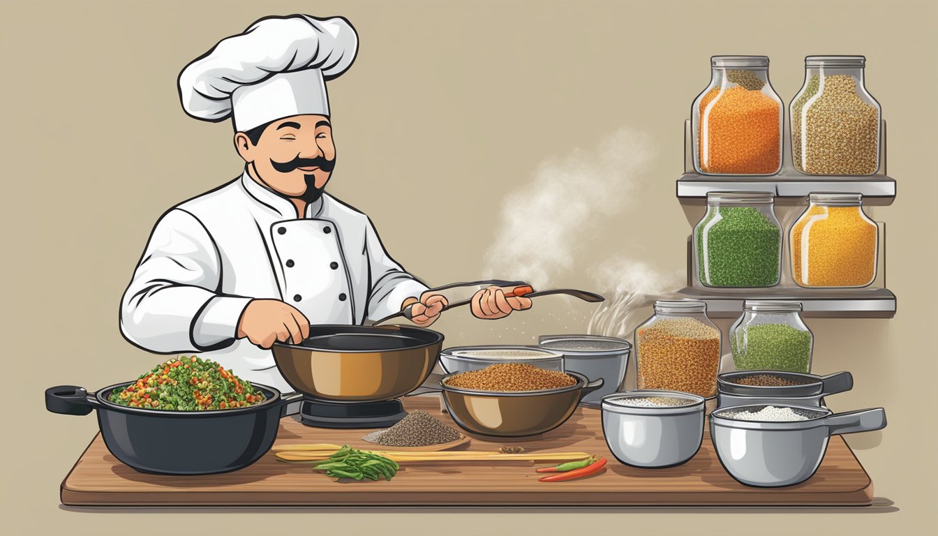 A chef sprinkles MSG seasoning from various brands onto a sizzling pan of stir-fry, showcasing different culinary techniques and recipes