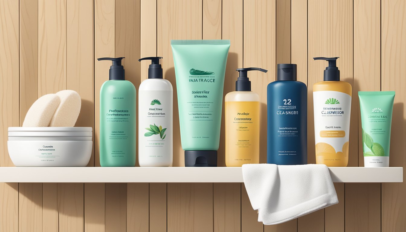 A variety of natural face cleanser brands displayed on a wooden shelf in a well-lit, minimalist bathroom