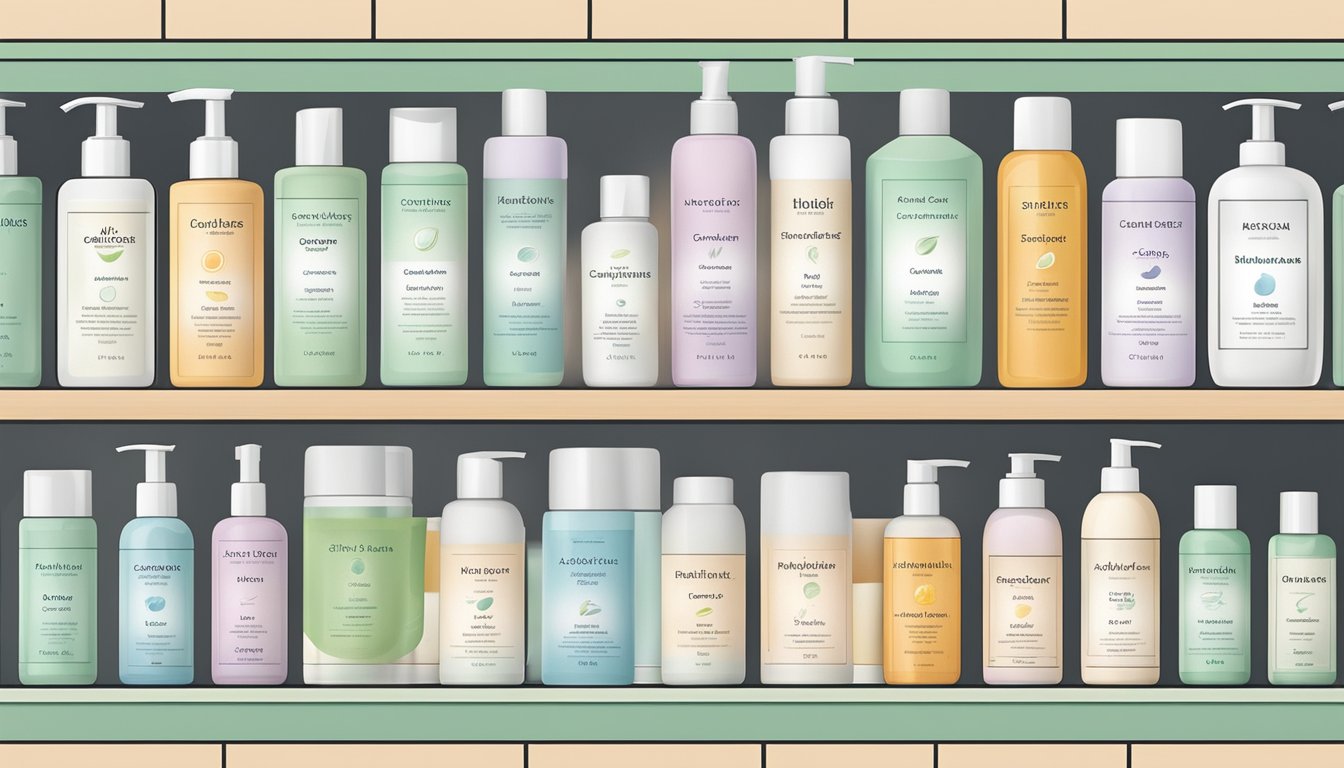 A variety of natural face cleanser brands are displayed on a clean, minimalist shelf, each labeled with different skin types and concerns
