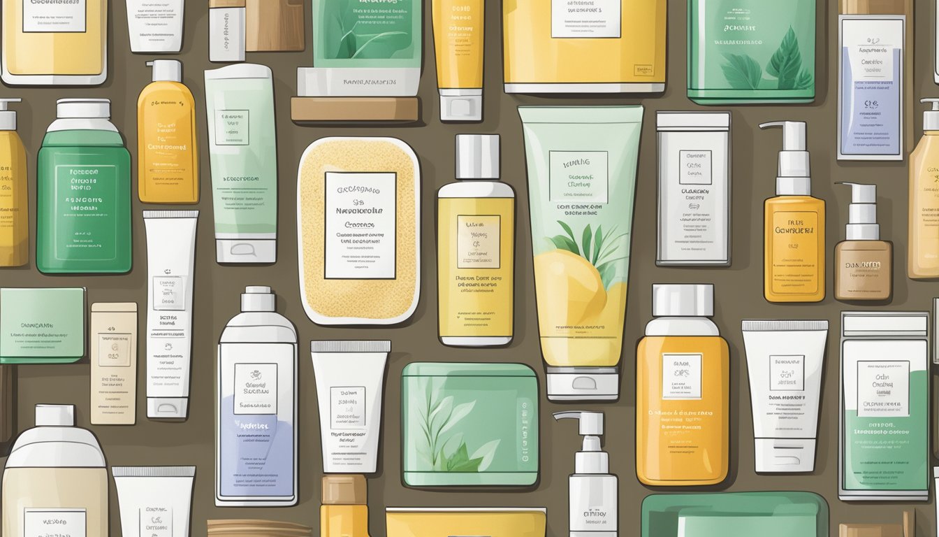 A variety of natural face cleanser brands displayed on a clean, minimalist shelf with fresh, organic ingredients prominently featured