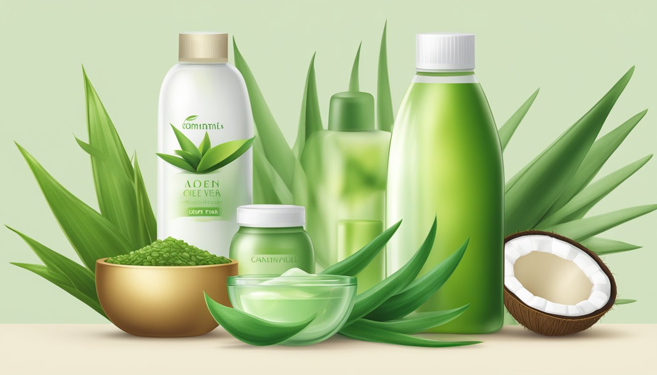 A variety of natural ingredients, such as aloe vera, coconut oil, and green tea, are displayed on a clean, minimalist background