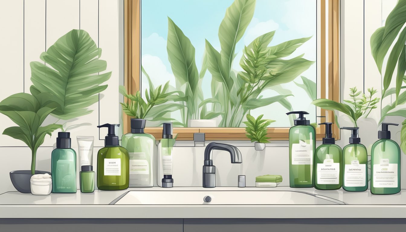 A serene bathroom counter with various natural face cleanser bottles and plants, creating a calming and eco-friendly atmosphere