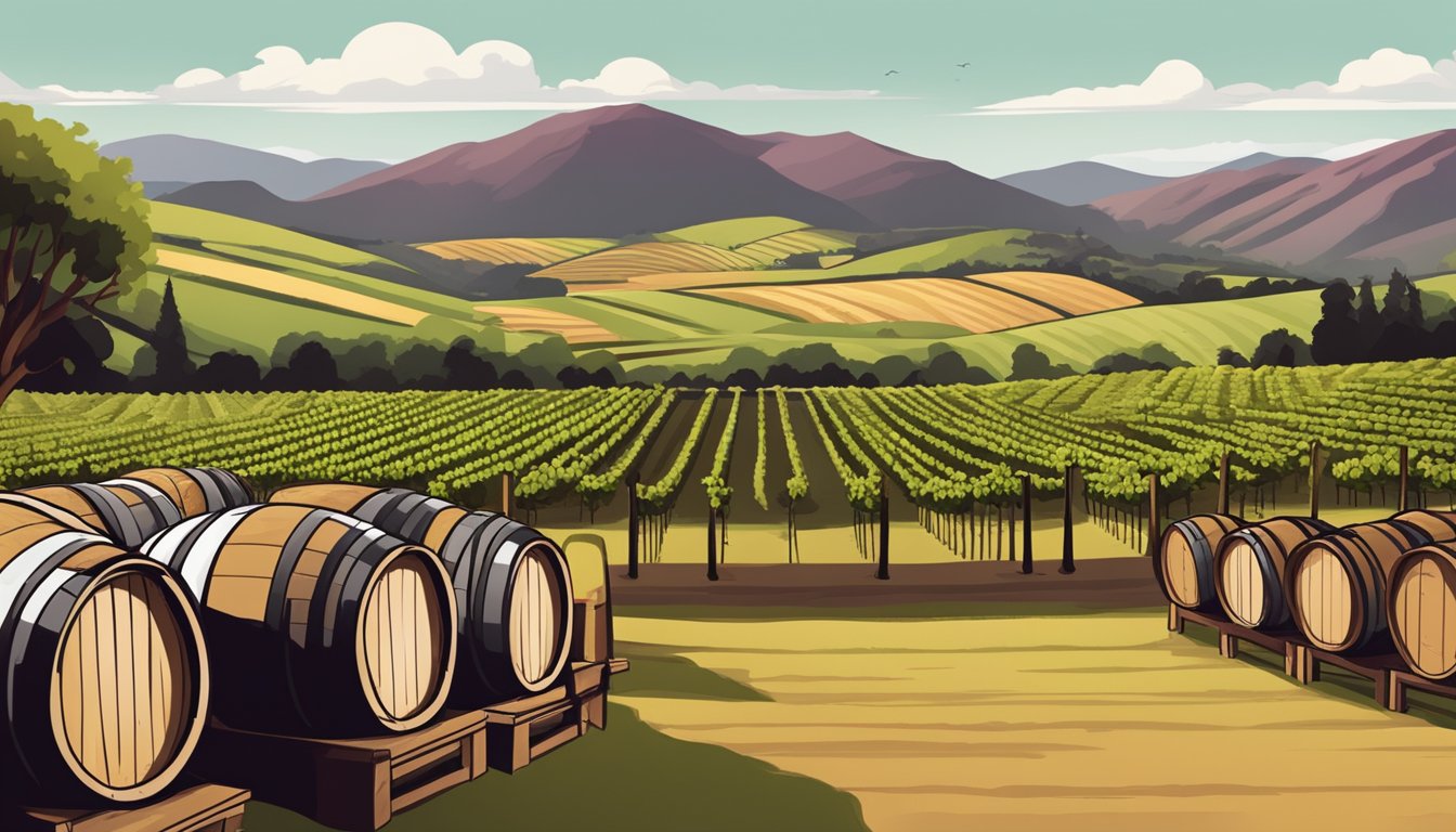 Vineyard hills overlook a rustic winery with rows of grapevines under the New Zealand sun. Wine barrels are stacked outside, bearing the labels of renowned red wine brands