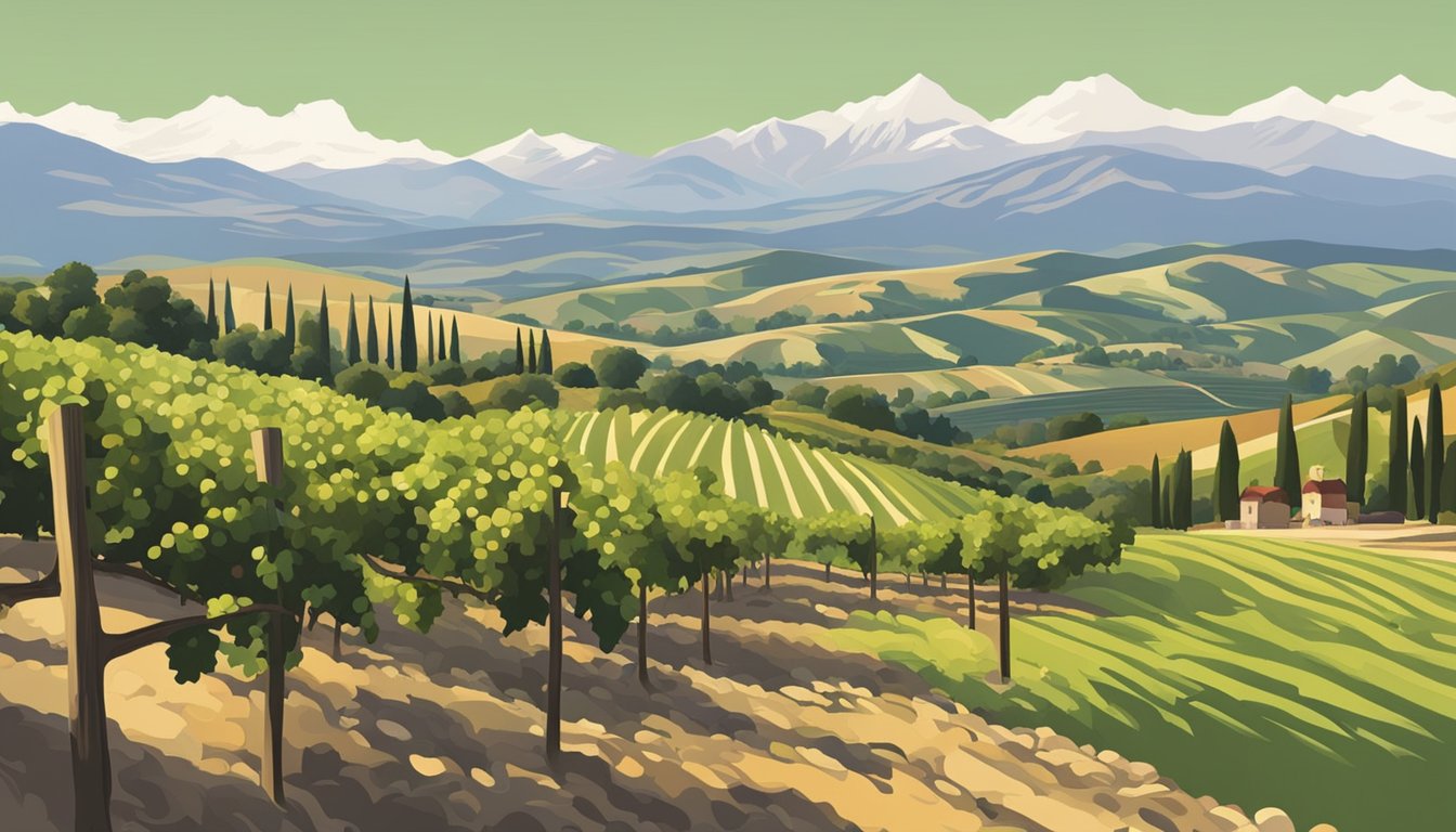 Vineyards sprawl across rolling hills, their lush green vines heavy with ripe red grapes. In the distance, mountains loom, their snow-capped peaks contrasting with the warm, earthy tones of the landscape