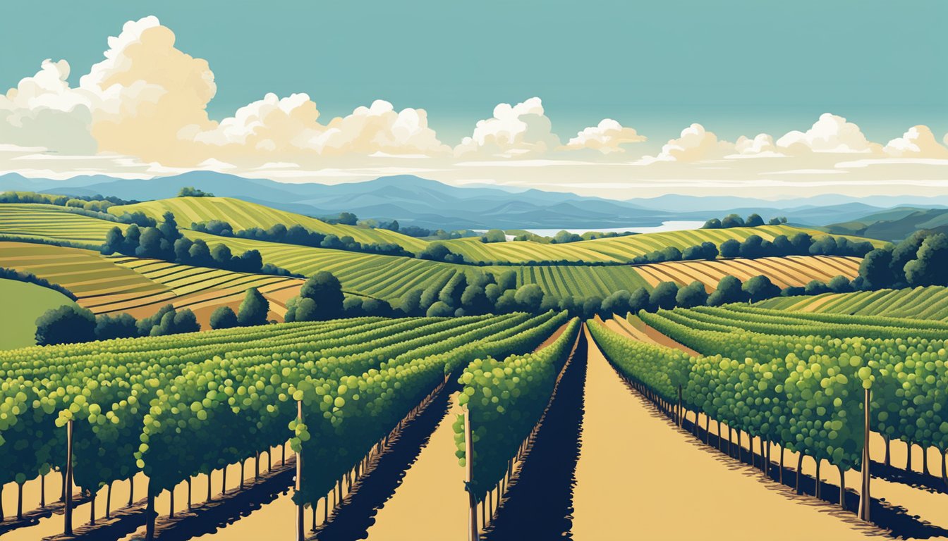 Vineyard landscape with rows of lush grapevines under a clear blue sky, showcasing iconic New Zealand red wine varietals