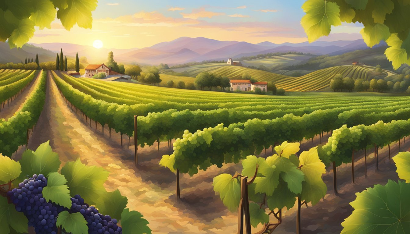 Vineyards stretch across rolling hills, with rows of grapevines bearing ripe fruit. A winery stands in the distance, surrounded by lush greenery, as the sun sets behind the mountains