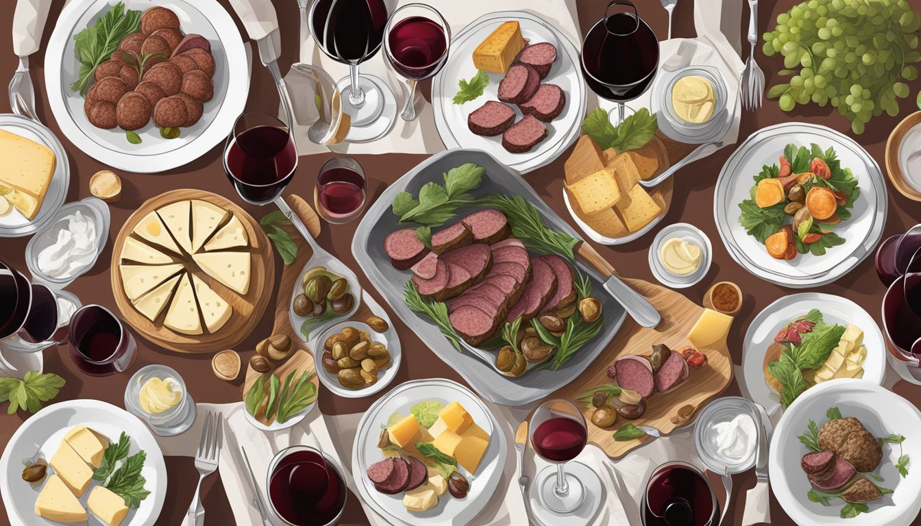 A table set with a variety of New Zealand red wines alongside dishes of lamb, venison, and rich, earthy cheeses