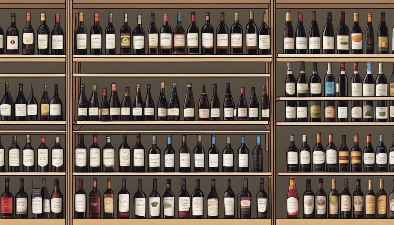 A shelf lined with various bottles of New Zealand red wine brands, with labels facing forward for easy reading