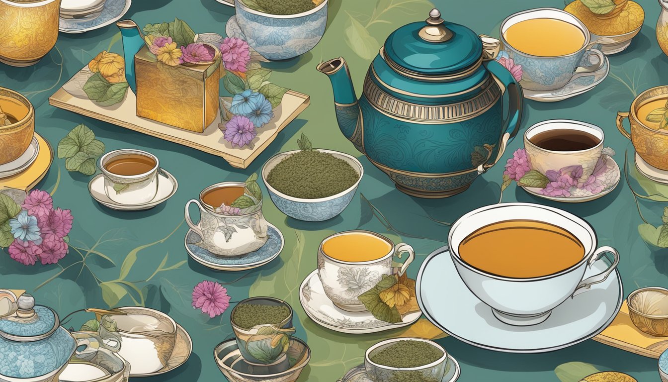 A table with an assortment of colorful tea boxes and loose leaf tea, surrounded by delicate teacups and a steaming kettle