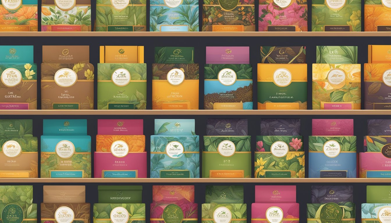 A colorful array of tea packaging stands on shelves, each brand's logo and name prominently displayed. The warm, inviting atmosphere is enhanced by the aroma of various tea blends