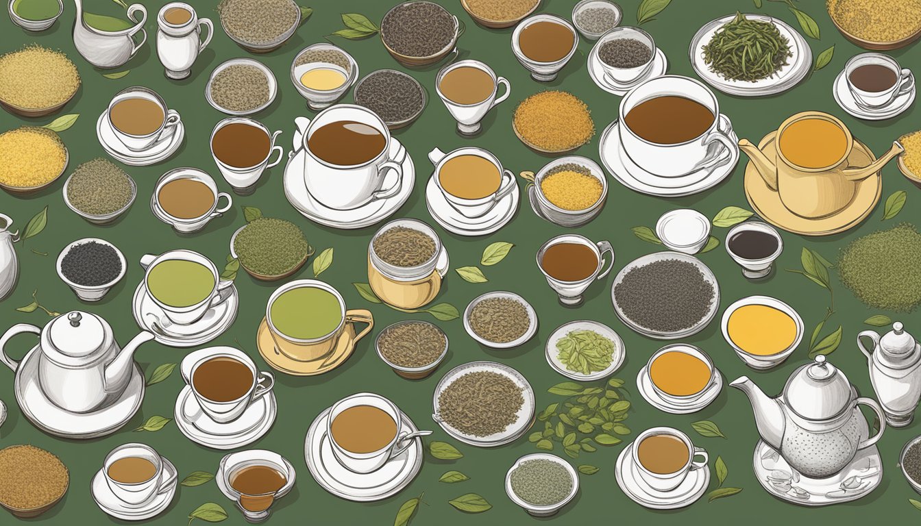 A table displays an array of tea varieties and blends from different brands