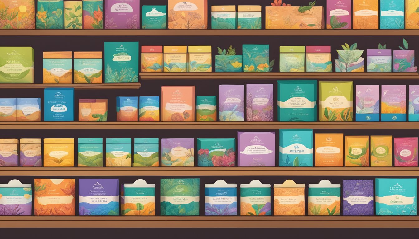 A variety of vibrant tea boxes arranged on a shelf, with calming imagery and wellness-focused messaging