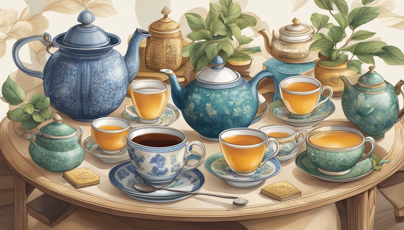 A table set with various tea brands, teapots, and cups, surrounded by books and decorative elements, showcasing the culture and connoisseurship of tea
