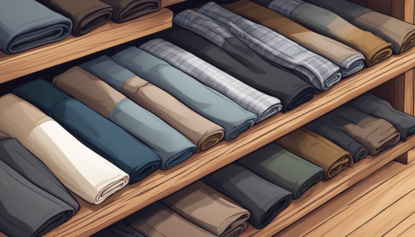A pile of well-made, long-lasting men's clothing, devoid of any brand labels, neatly folded on a sturdy wooden shelf