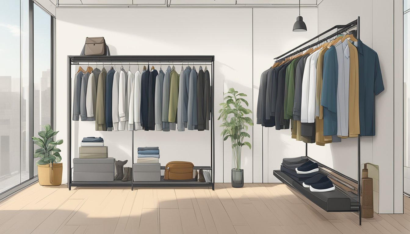 A rack of eco-friendly men's clothing, made without branding, displayed in a modern, minimalist retail space