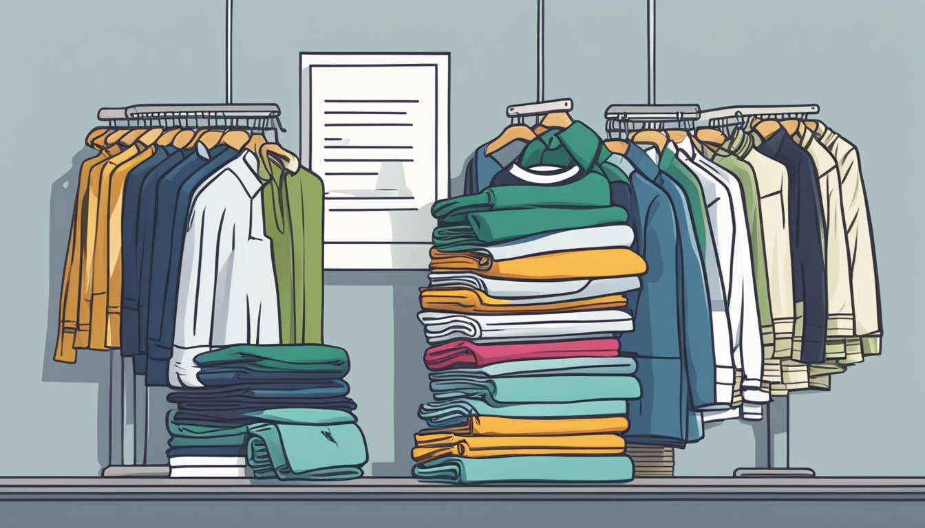 A stack of folded men's clothing with a "Frequently Asked Questions" sign displayed prominently