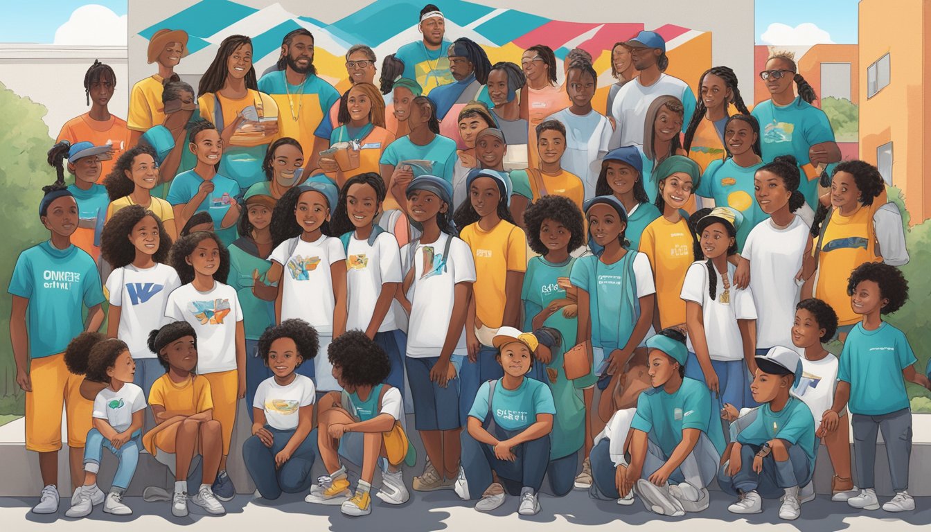 A diverse group gathers around a mural, showcasing off-white brand's cultural impact and community engagement. The vibrant artwork reflects the brand's influence on the local community