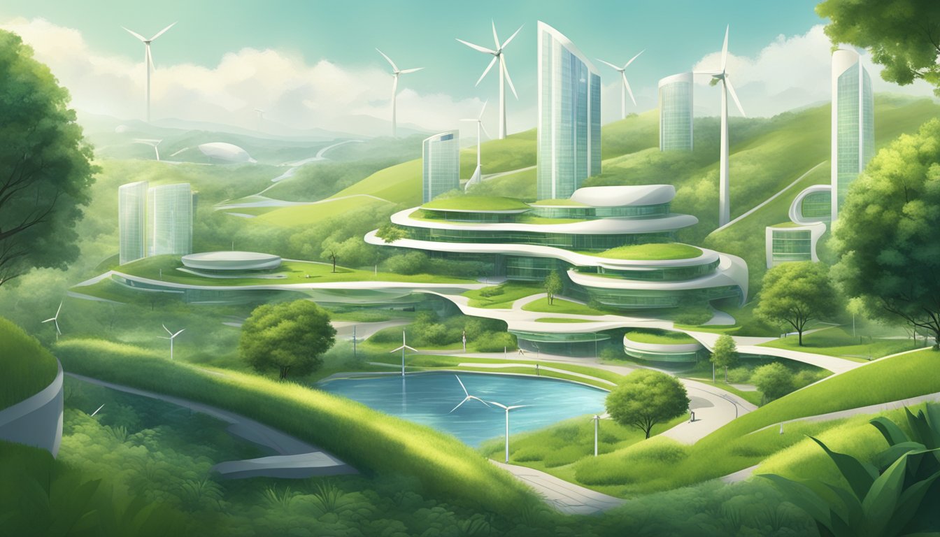 A lush green landscape with renewable energy sources and futuristic buildings, showcasing the sustainability and future direction of Off-White brand