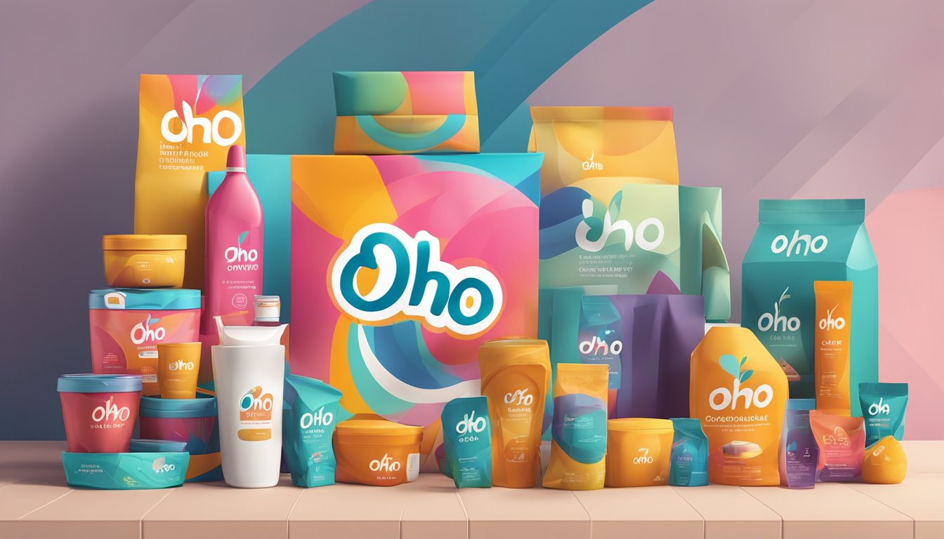 A dynamic logo of Oho brand displayed on various products in a modern, vibrant retail environment