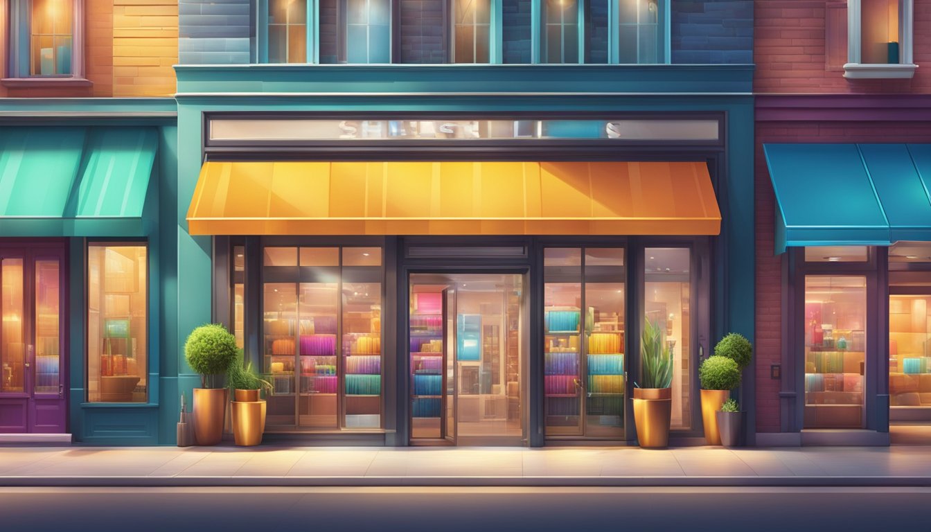 A vibrant logo shining on a modern storefront, surrounded by bustling city streets and colorful signage