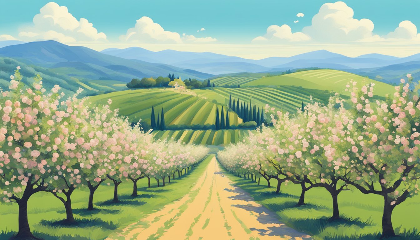 A peaceful orchard with rows of fruit trees in bloom, surrounded by rolling hills and a clear blue sky