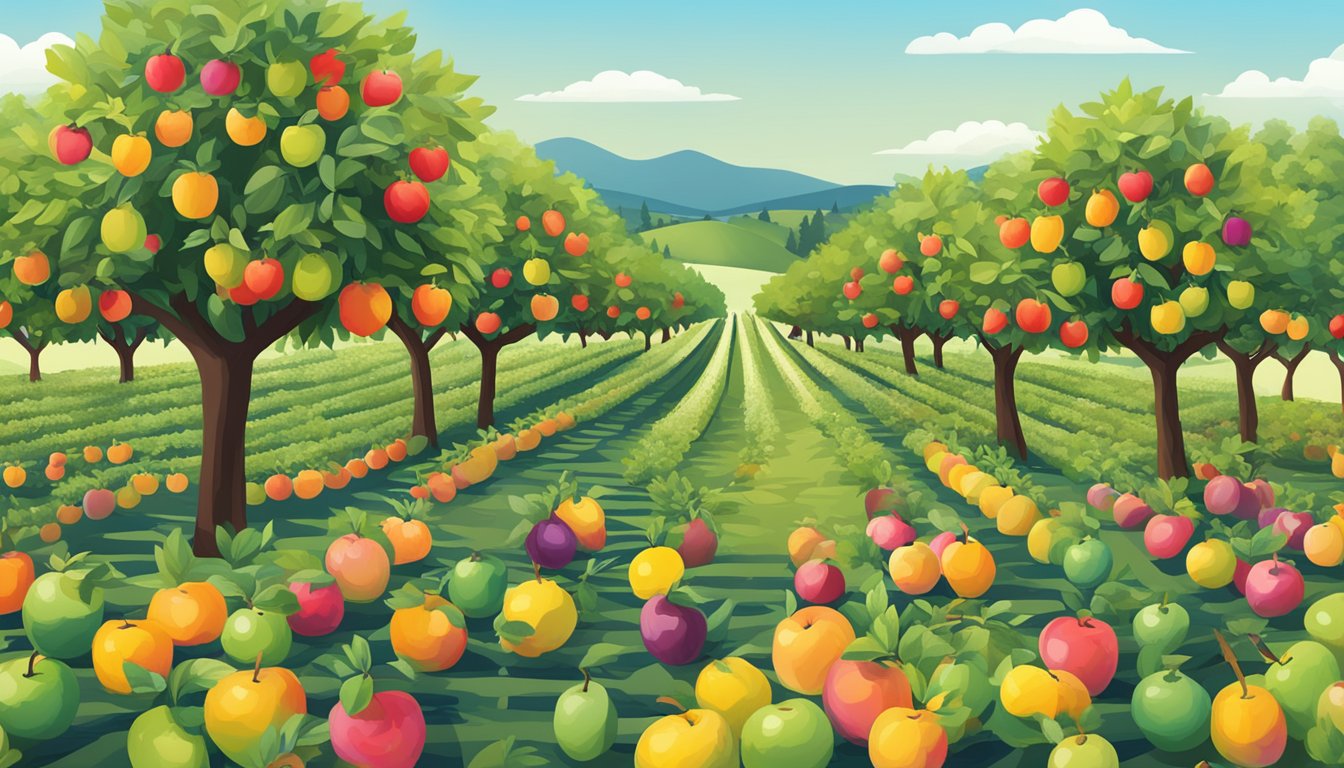 A colorful orchard with rows of fruit trees, a sign reading "Frequently Asked Questions Orchard Brands" in the foreground