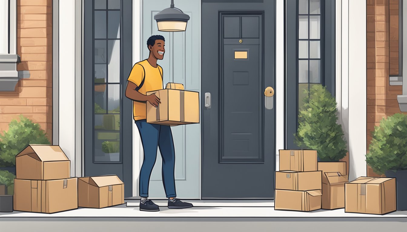 A customer smiling while receiving a package from an otto brand delivery person at their doorstep