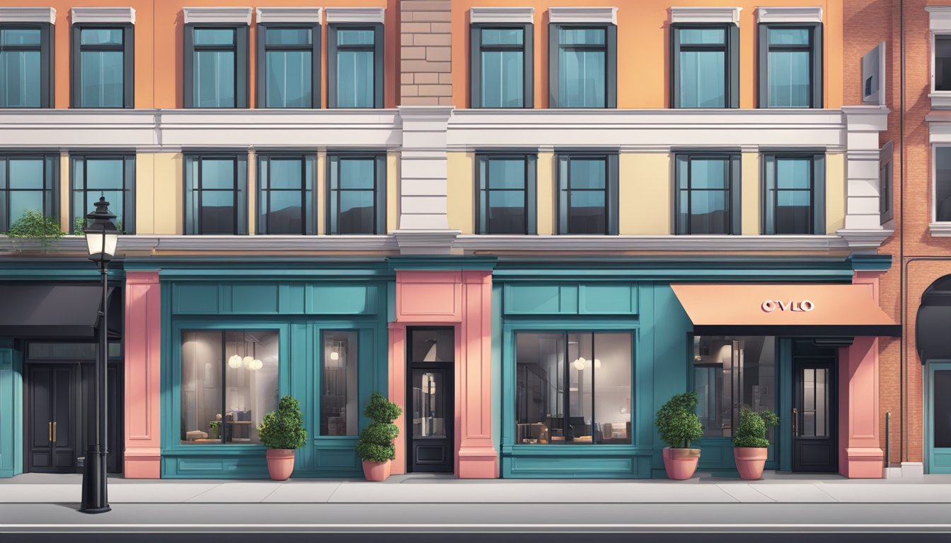 A modern storefront with the Ovolo brand logo prominently displayed on a sleek building facade. Vibrant colors and clean lines create a contemporary and inviting atmosphere
