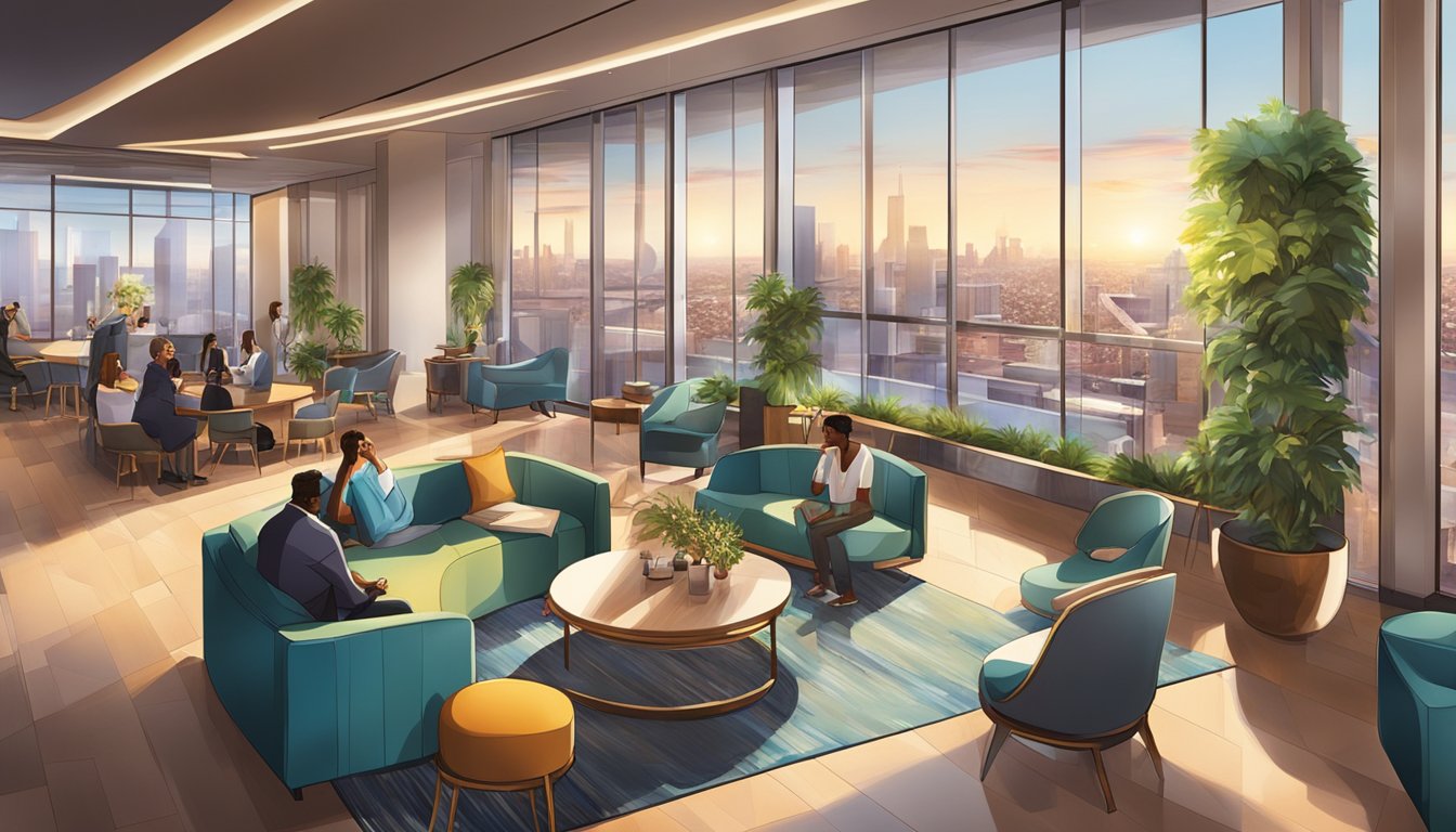A vibrant lobby with modern decor and unique art pieces, guests enjoying interactive amenities, and a rooftop bar with stunning city views