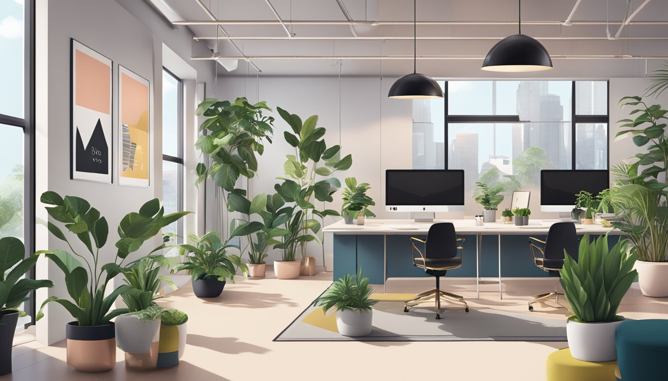 A modern office space with Ovolo branding on walls, plants, and stylish furniture. Bright, open, and inviting atmosphere