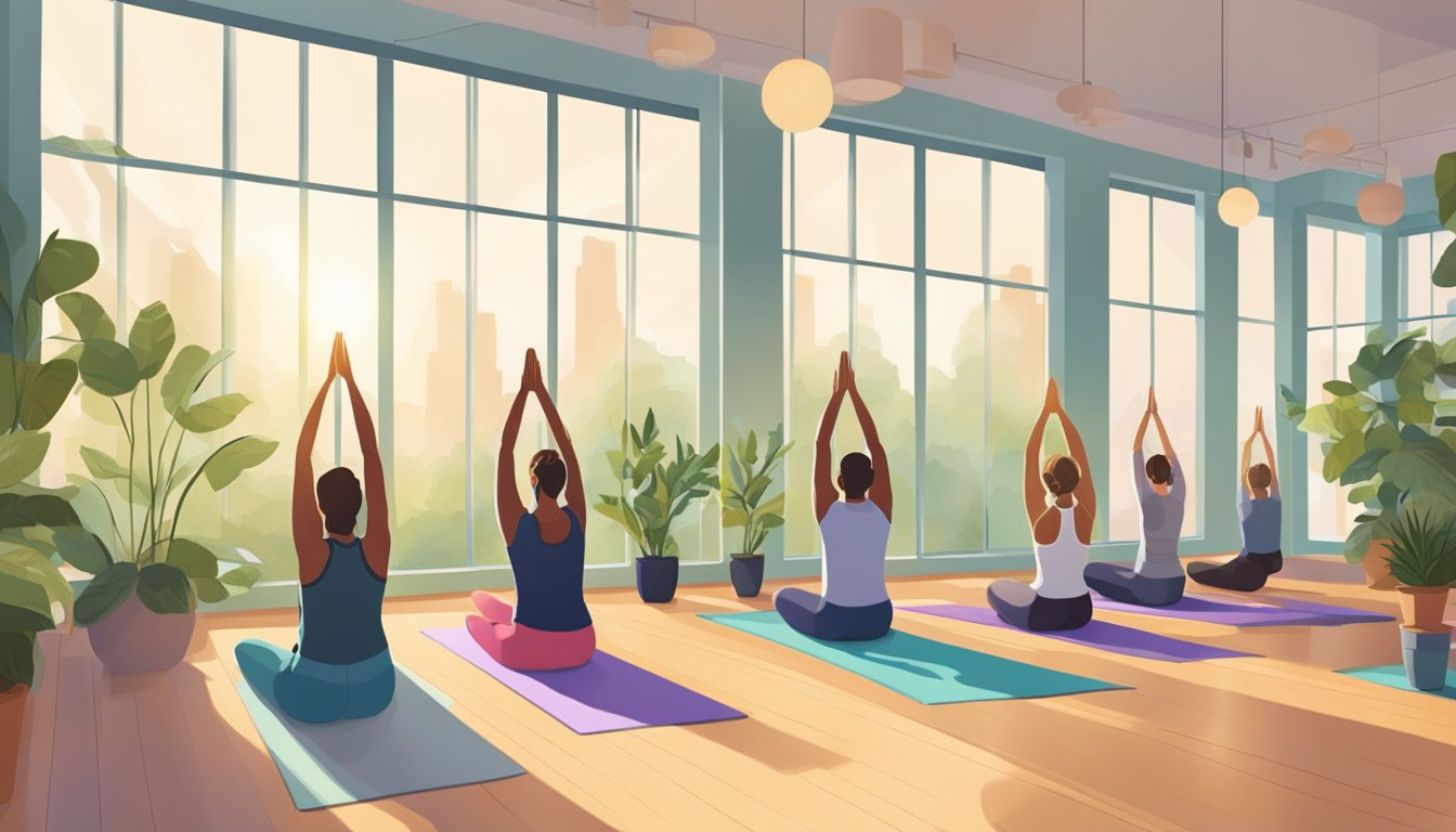 A vibrant yoga class in a modern studio, with natural light streaming in through large windows. Plants and uplifting decor create a serene, welcoming atmosphere