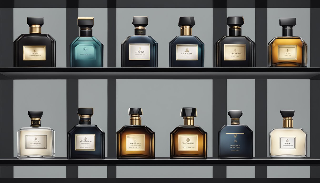 A row of masculine perfume bottles on a sleek, dark shelf. Each bottle is distinct in shape and color, with bold branding labels